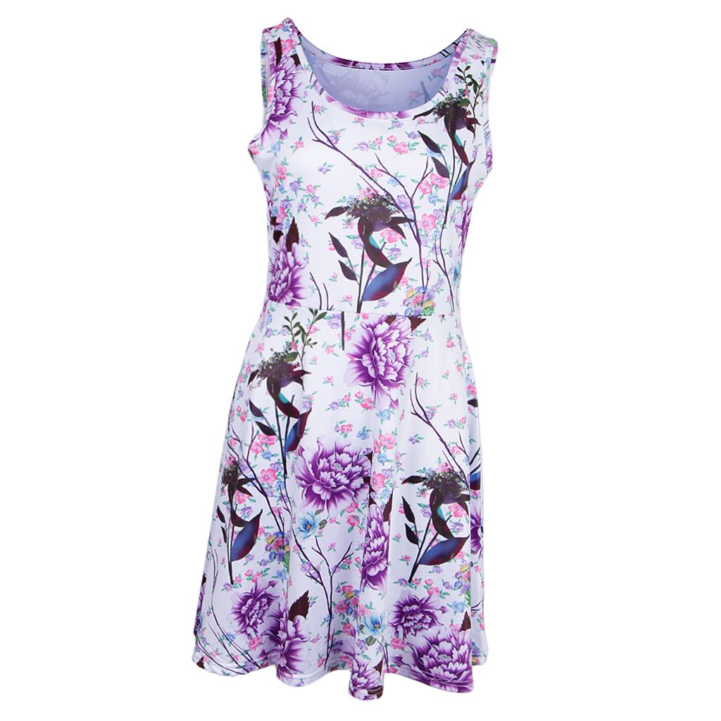 Women Floral Dress Summer Sleeveless Round Neck Casual Flared Midi Dress
