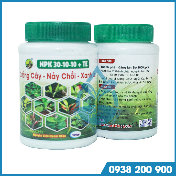 Phân bón lá NPK giúp dưỡng cây nảy chồi, xanh lá - 30-10-10 +TE -chai 100gr