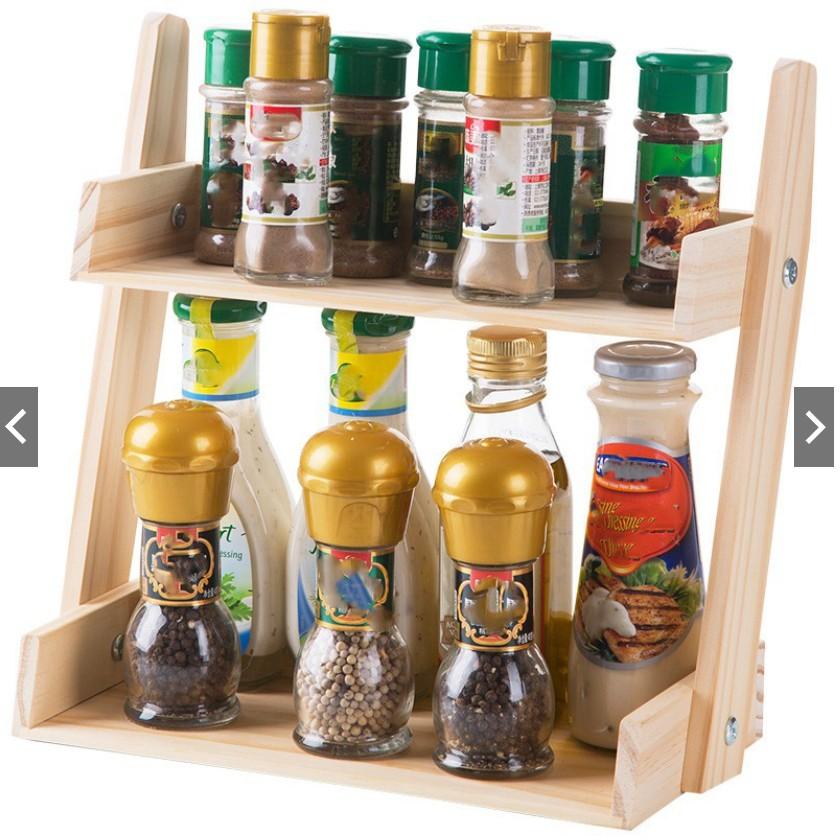 Kệ đỡ gia vị bằng gỗ thông đựng đồ đa năng dụng cụ nhà bếp kệ gia vị 2 tầng