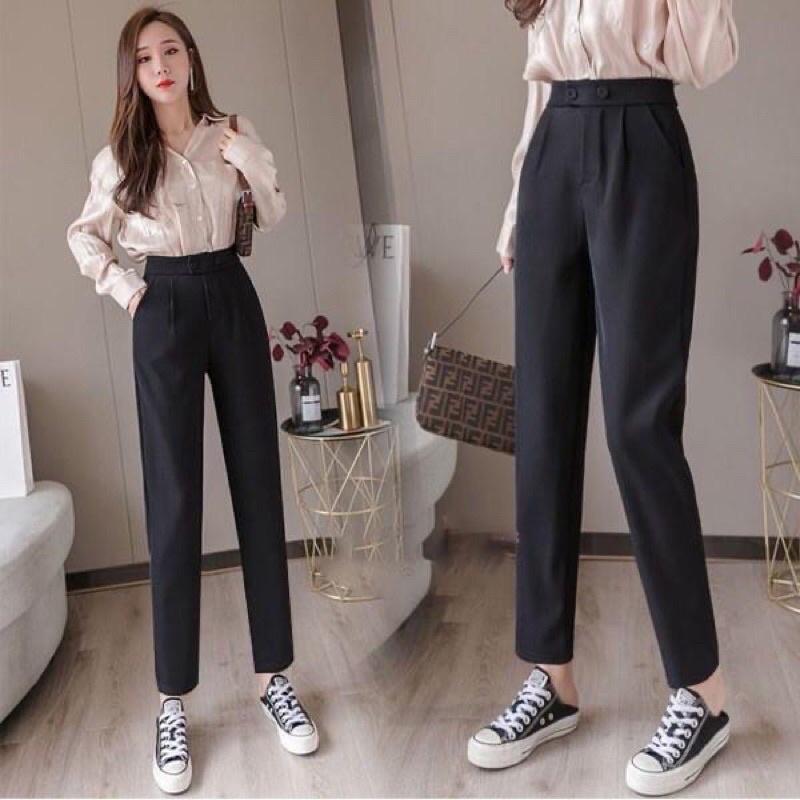 Quần tây đen công sở nữ 2 khuy bấm cạp lưng cao
