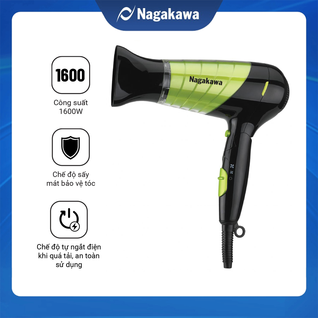 Máy Sấy Tóc Nagakawa Nag1604 1600W - Hàng Chính Hãng - Xanh