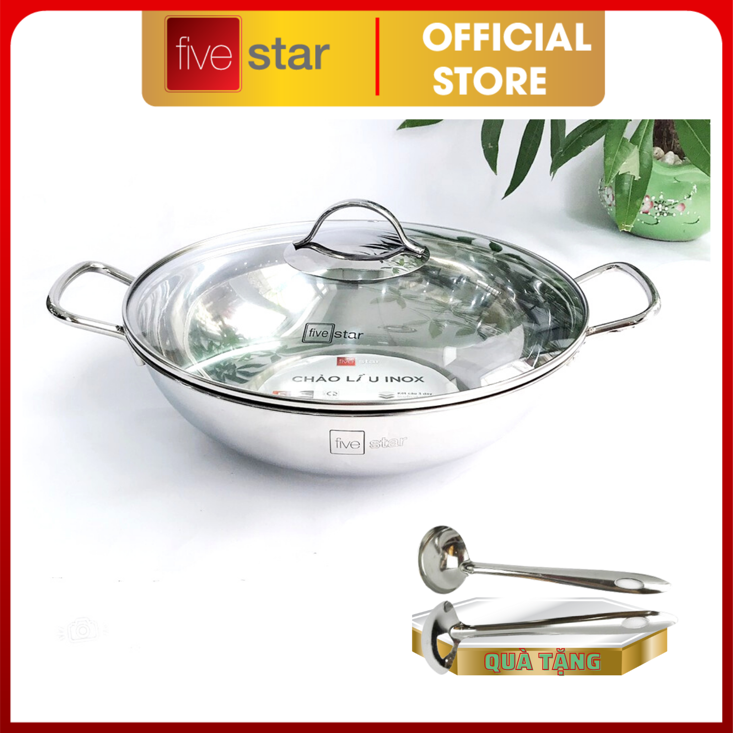 Nồi lẩu xào 3 đáy từ cao cấp Fivestar 32cm nắp kính , tặng 2 vá canh