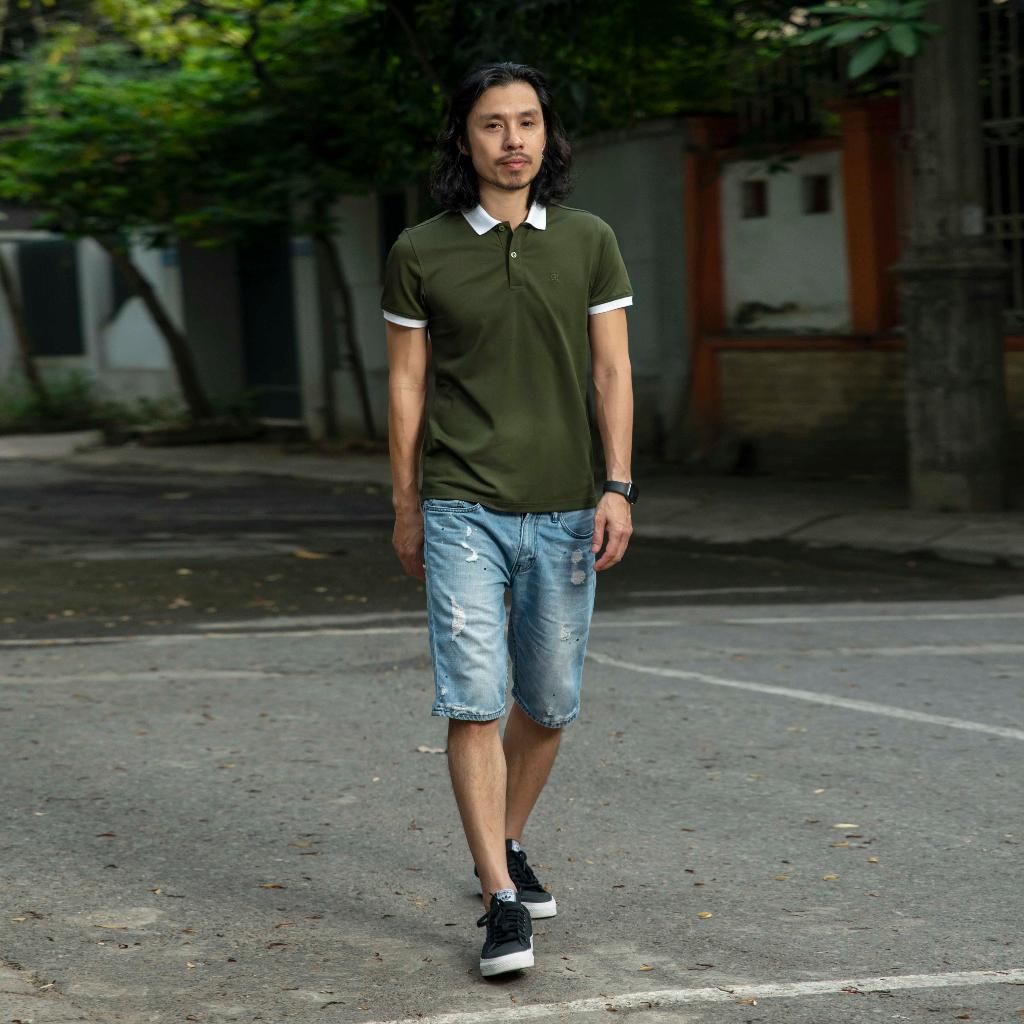 Áo nam polo màu xanh rêu cổ trắng dáng đẹp cá sấu Poly trơn ngắn tay cao cấp có cổ GIFASHION MPR3418