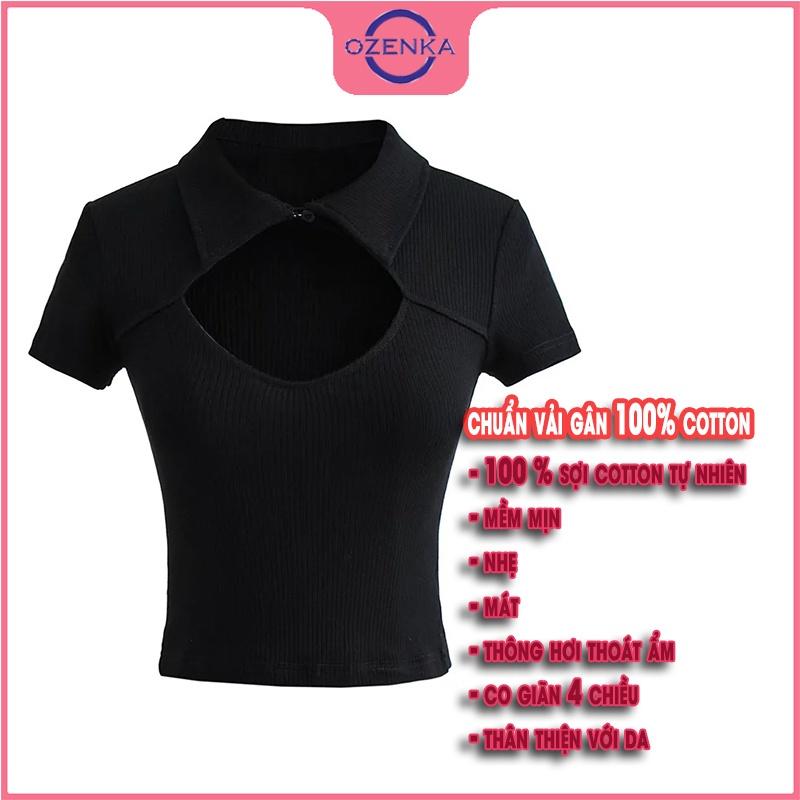 Áo croptop polo cổ bẻ tay ngắn ôm nữ, áo crt kiểu hàn quốc khoét ngực đính nút gợi cảm 100% cotton đen trắng