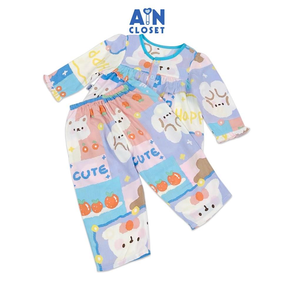 Bộ quần áo Dài bé gái họa tiết Gấu Cute Xanh lanh lụa. - AICDBGSYYE3P - AIN Closet