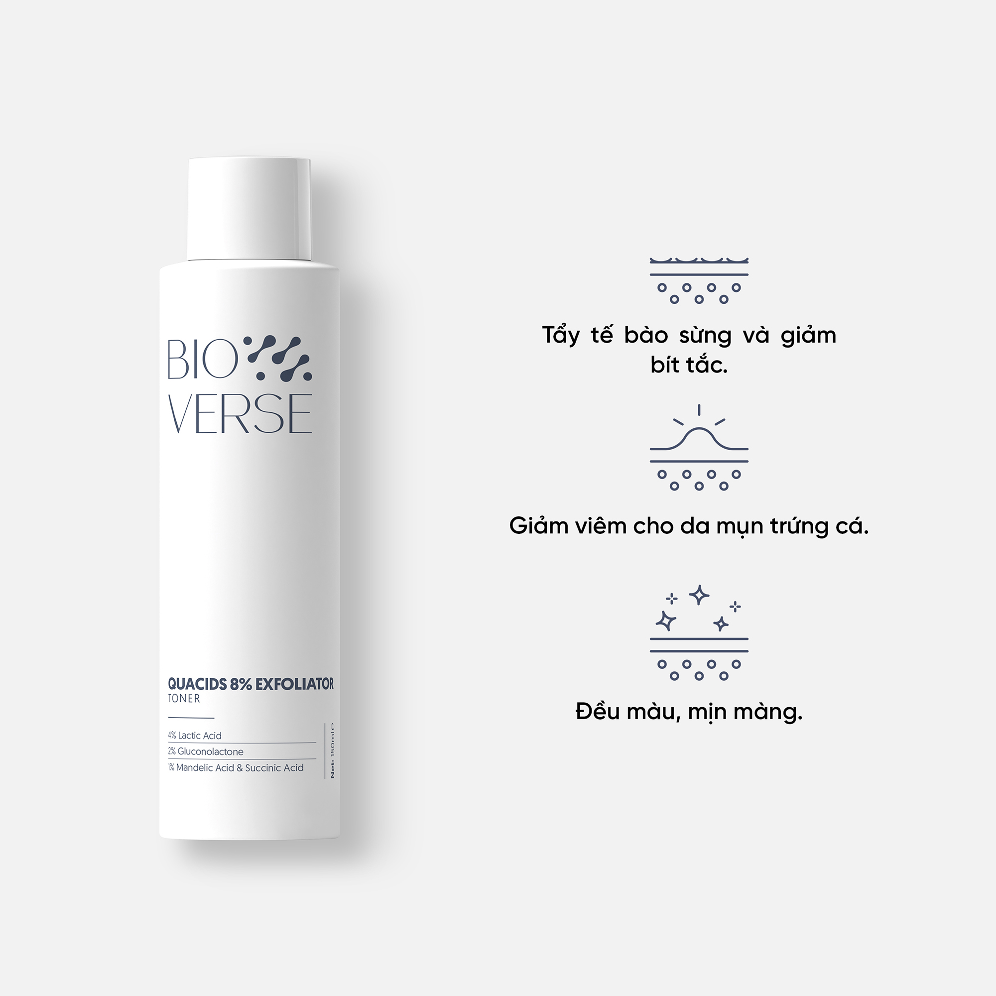 Toner Bioverse tẩy da chết và hỗ trợ giảm bít tắc Quacids 8% Exfoliator 150ml