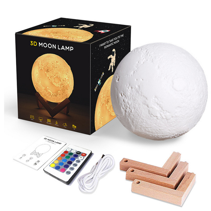 Đèn ngủ điều khiển từ xa ,cảm ứng đổi 16 màu mặt trăng 3D