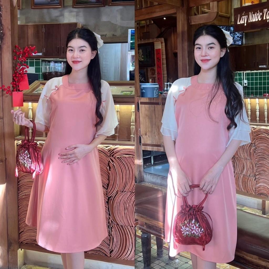Đầm bầu thiết kế kiểu Áo dài cách tân Chất Cotton Lạnh đính nơ xinh xắn, thanh lịch - Vàng