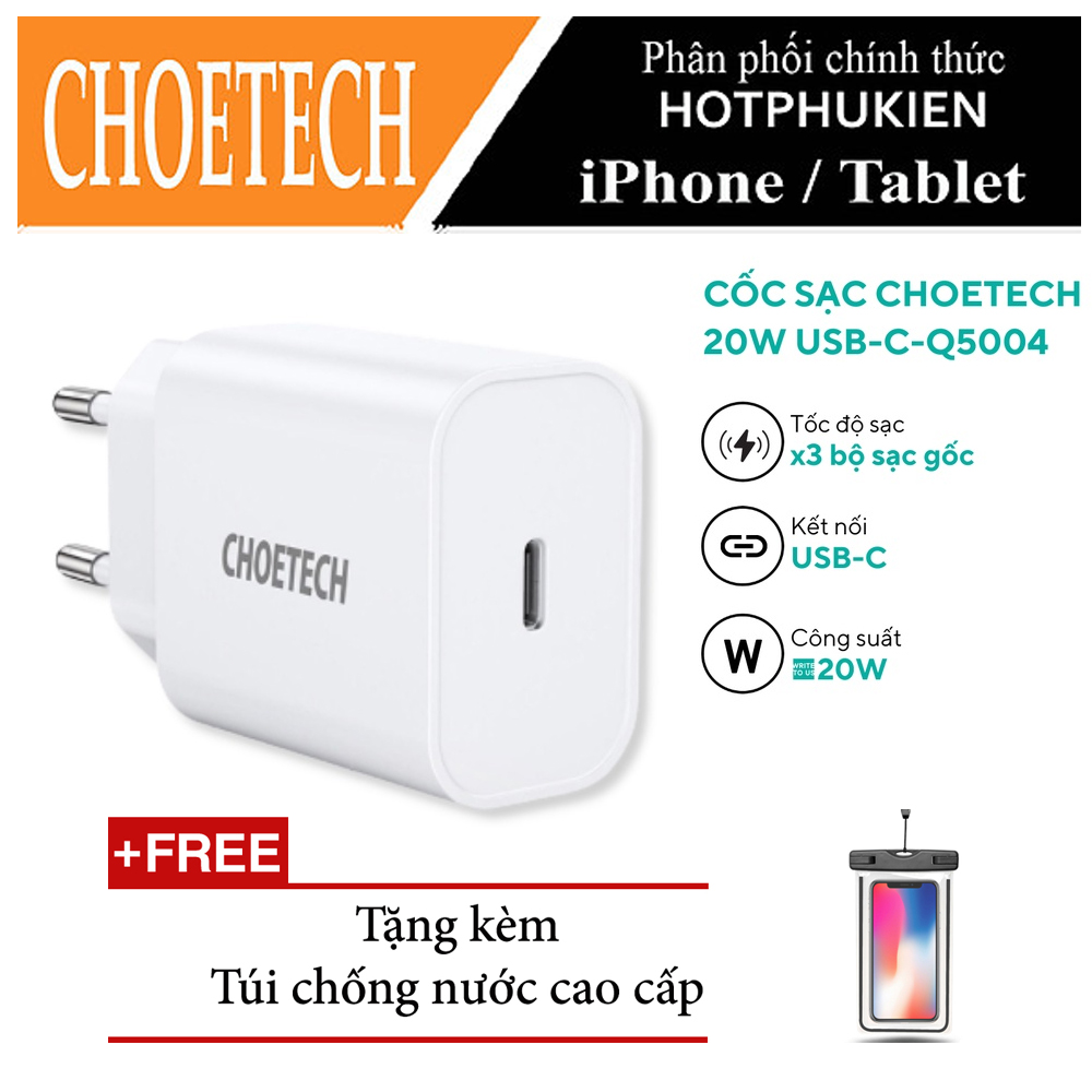 Cóc củ sạc type c sạc nhanh 20W chuẩn PD 3.0 cho iPhone / iPad / Smartphone Android Samsung xiaomi Oppo Huawei hiệu CHOETECH Q5004 trang bị công nghệ chip sạc thông minh, thiết kế siêu nhỏ gọn, cổng cắm EU, thương hiệu của Đức - hàng nhập khẩu