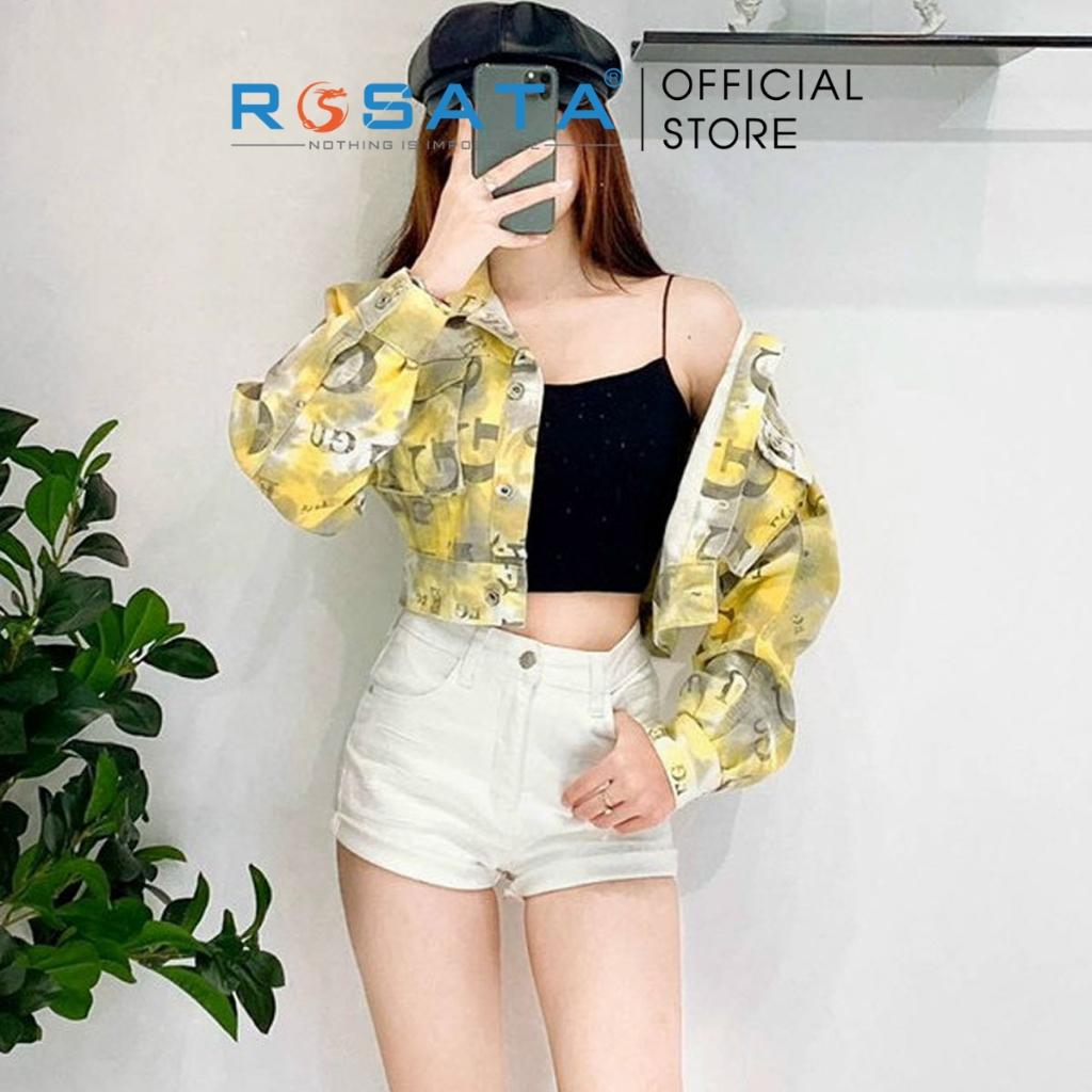 Áo khoác nữ ROSATA K05 croptop jeans tay dài Freesize in họa tiết mix dạo phố màu vàng cao cấp xuất xứ Việt Nam