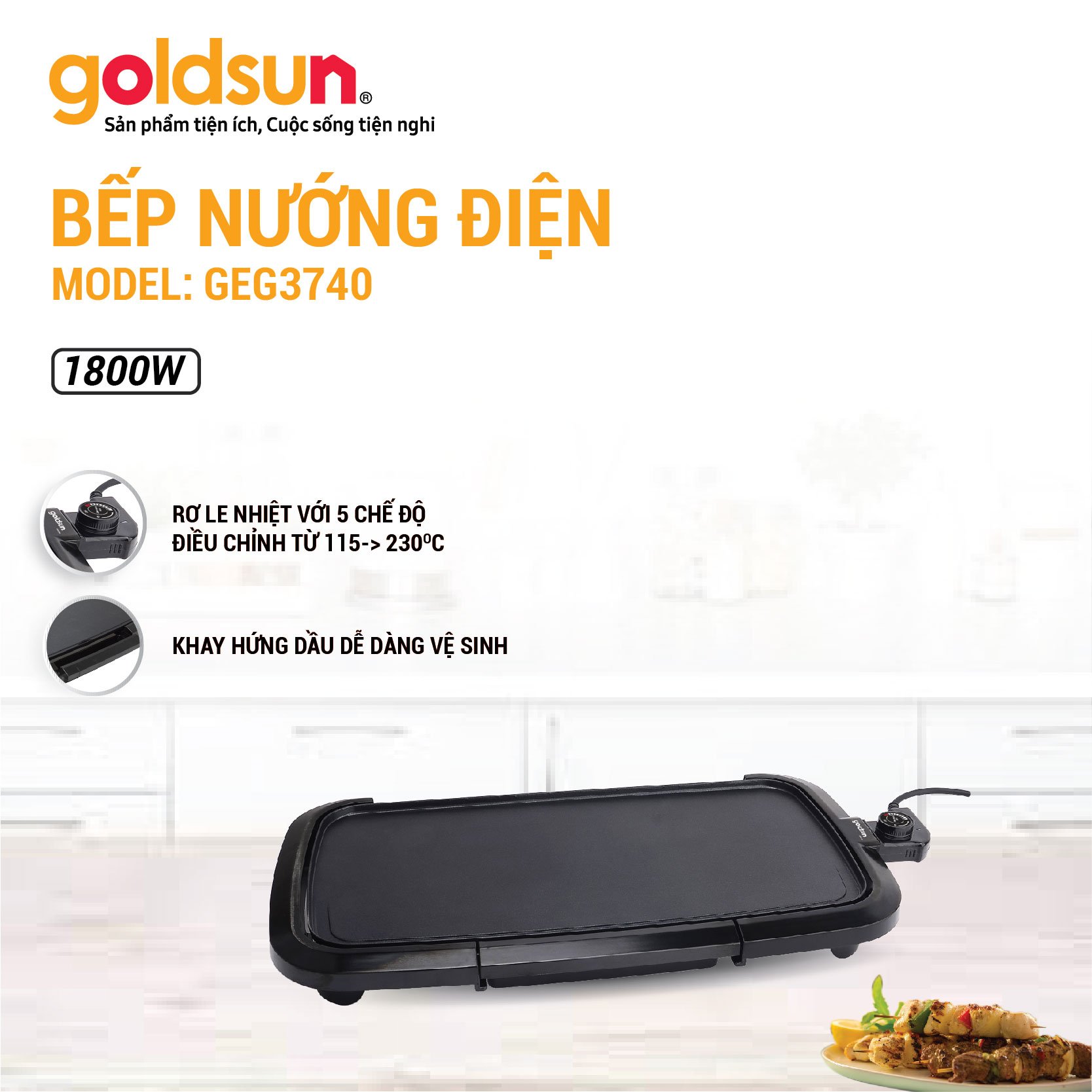 Bếp nướng điện Goldsun GEG3740, công suất mạnh mẽ 1800W, rơ le nhiệt 5 chế độ, khay hứng dầu tiện lợi - Hàng chính hãng