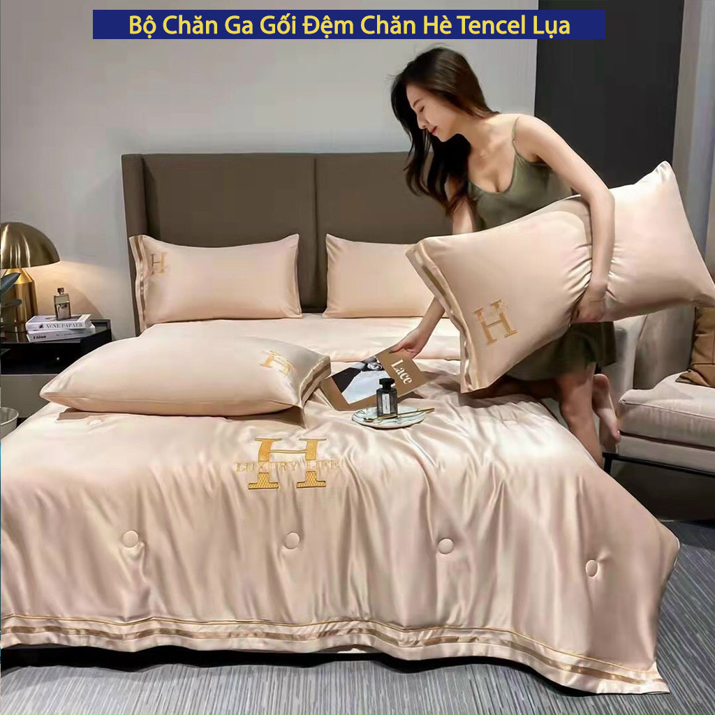 Bộ Chăn Ga Gối Nệm Đệm 5 Món Phi Lụa Chữ H Luxury Cao Cấp Bo Chun Drap Giường Chăn Chần Bông