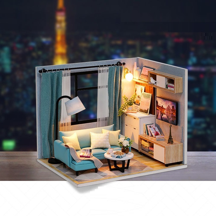 Mô hình nhà DIY Doll House Corner of Living Room Kèm Đèn LED và MICA chống bụi