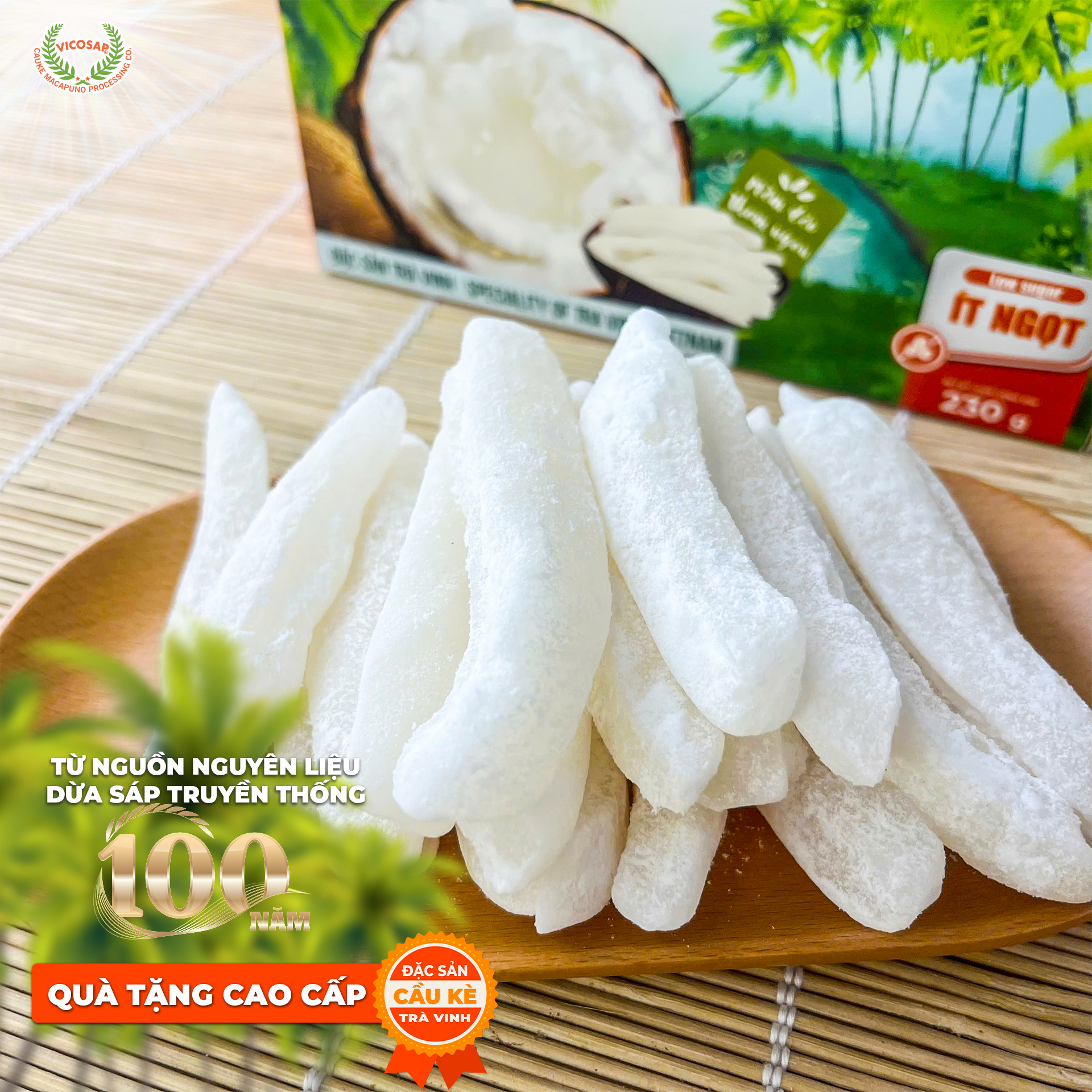 Dừa sáp sấy dẻo VICOSAP nguyên chất ít ngọt béo thơm đồ ăn vặt healthy đặc sản Trà Vinh