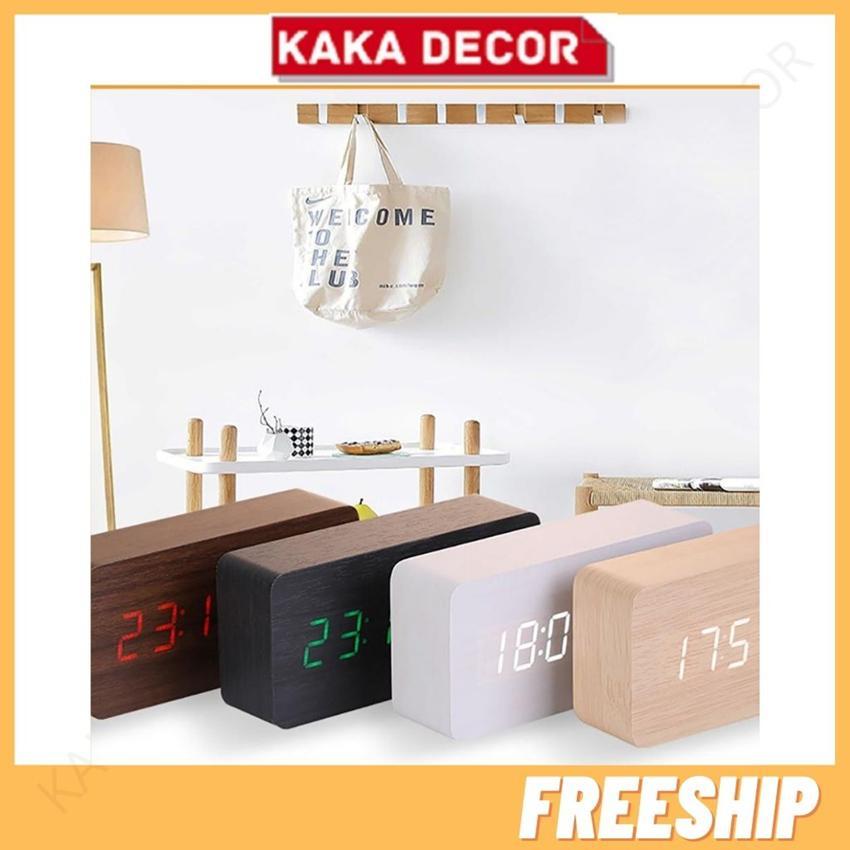 Đồng hồ led để bàn, đồng hồ báo thức điện tử thông minh giả gỗ cao cấp KaKa Decor