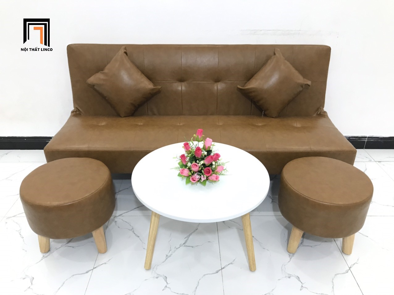 Bộ ghế sofa giường nhỏ bọc simili giả da màu da bò nhiều kích cỡ