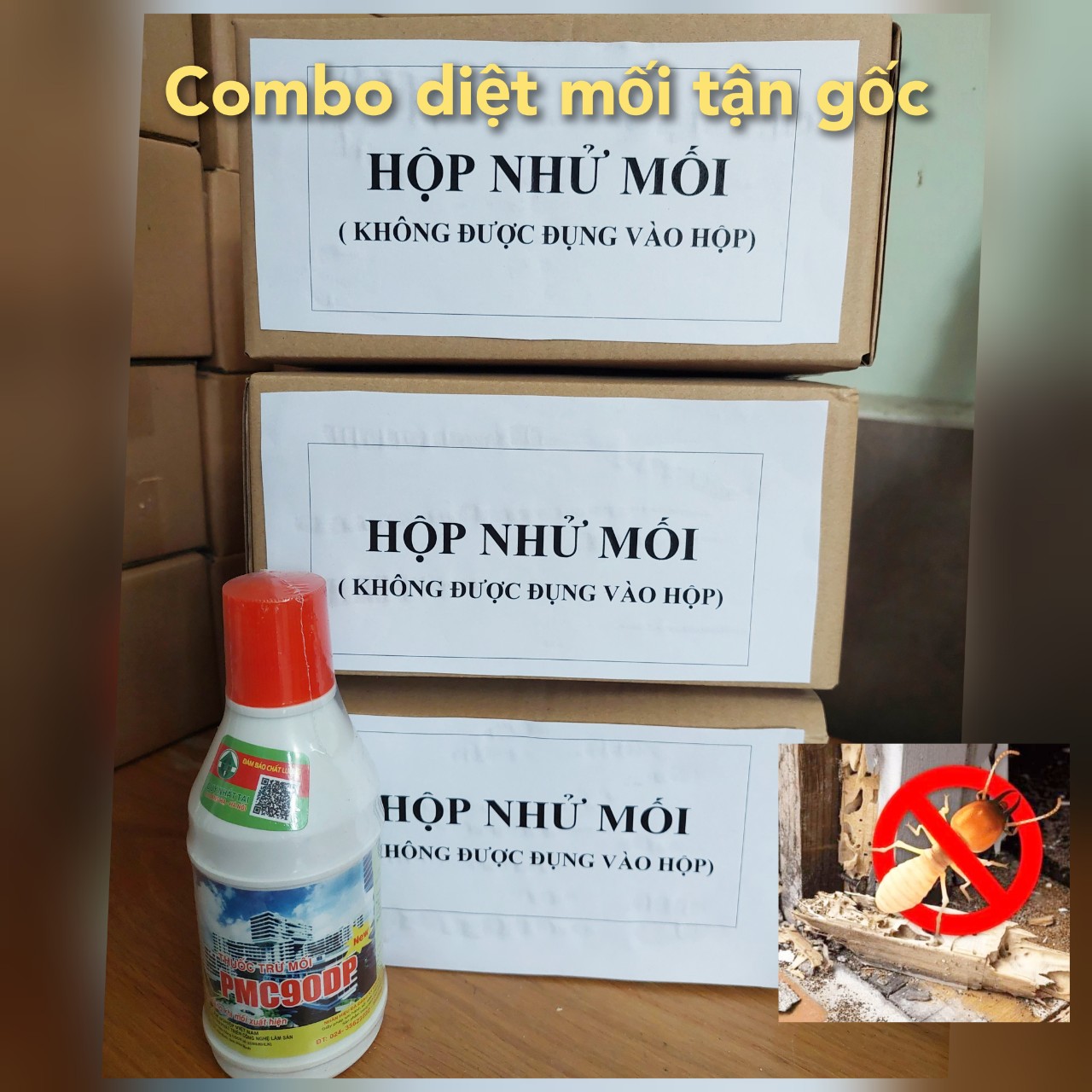 Combo diệt mối trừ mối sinh học PMC: 3 Hộp nhử mối + 1 lọ diệt mối PMC 90 hiệu quả tận gốc 100% hàng công ty