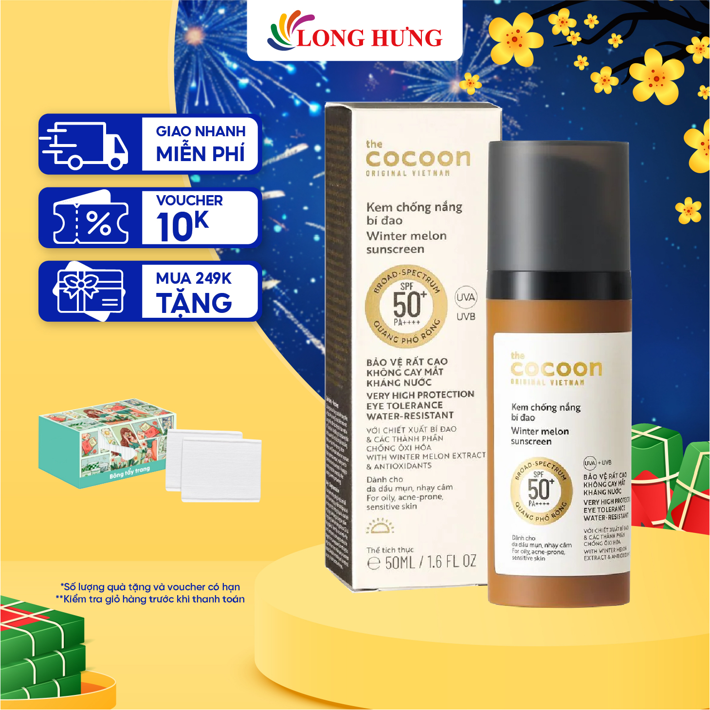 Kem chống nắng bí đao Cocoon Winter Melon Sunscreen SPF 50+ PA++++ giúp bảo vệ da (50ml) - Hàng chính hãng