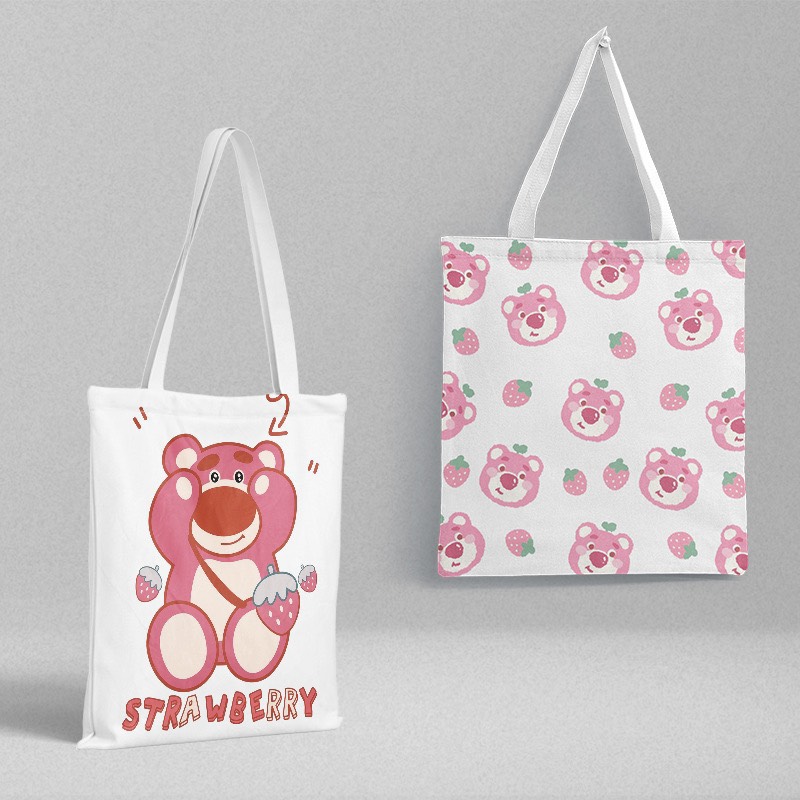 Túi tote vải canvas có dây kéo in hai mặt gấu dâu Lotso siêu xinh - Túi vải canvas gấu dâu Lotso in hai mặt có dây kéo