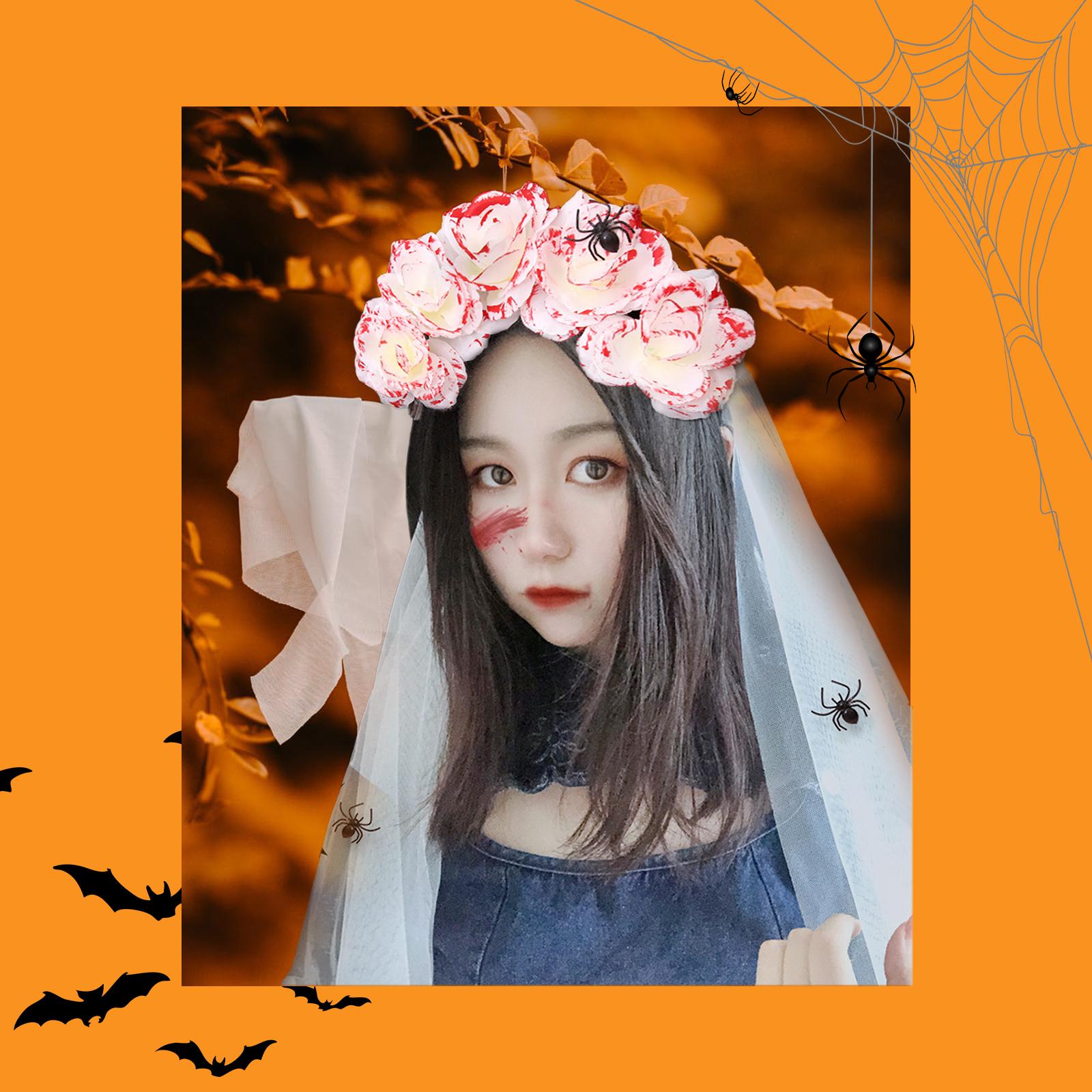 Băng Đô Hóa Trang Halloween Có Màng Che Mặt Gắn Hoa Hồng Trên Đầu