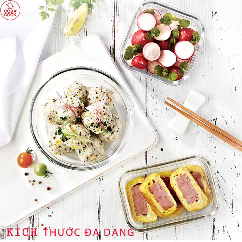 Bộ 3 hộp đựng cơm thức ăn, trữ thực phẩm thủy tinh chịu nhiệt COBA'COOK 2 hộp tròn 400ml + 1 hộp vuông 320ml và 1 túi giữ nhiệt  nhiệt-CCR4S33BL