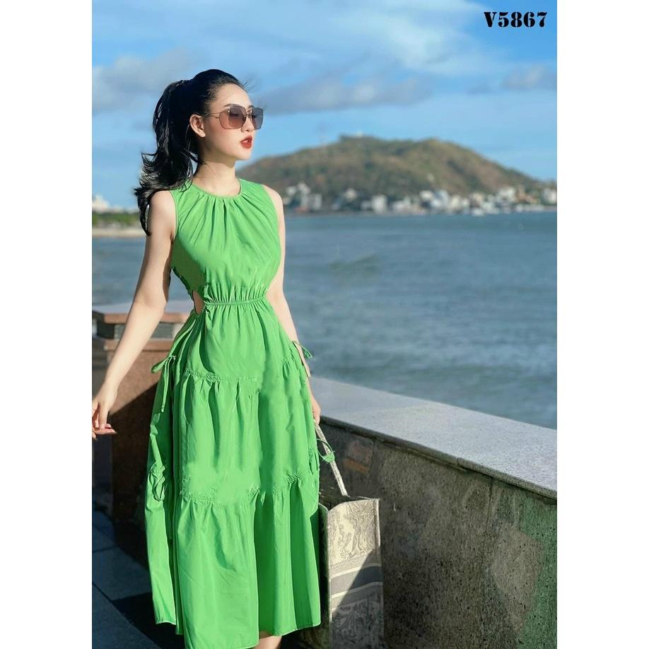 Váy đầm nữ dáng xòe cổ tròn hở eo phong cách trẻ trung hiện đại