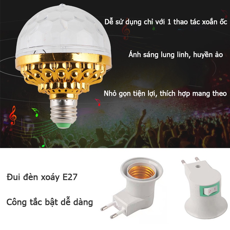 Đèn led xoay 7 màu vũ trường nháy chớp theo nhạc bay phòng sân khấu hiệu ứng 360 độ kèm đui cắm E27