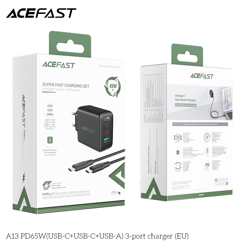 Adapter Sạc Acefast PD 3.0 65W 3 Cổng USB Type-C USB Type-C USB A Chuôi Tròn EU A13 - Hàng Chính Hãng