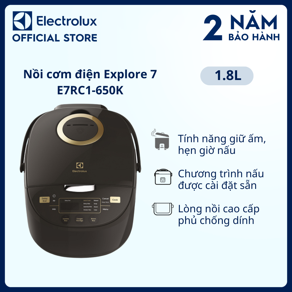 Nồi cơm điện Electrolux 1.8L E7RC1-650K - Màu đen - Nhiều chương trình nấu đa dạng - Bảo hành 2 năm toàn quốc [Hàng chính hãng].