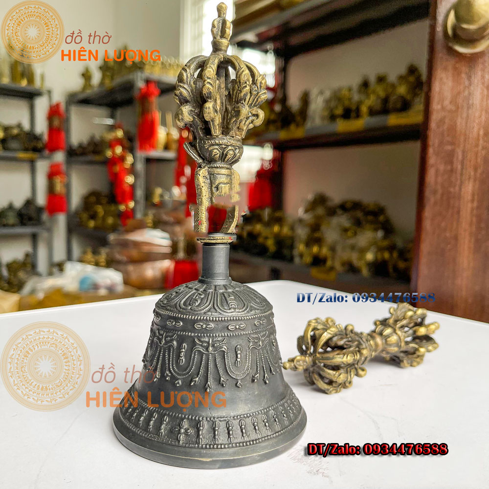 Bộ Chuông Chày Kim Cang Nepal Màu Nâu Bằng Đồng Nguyên Chất Cao 16cm Và 20cm Đẹp - Vật Phẩm Phong Thủy