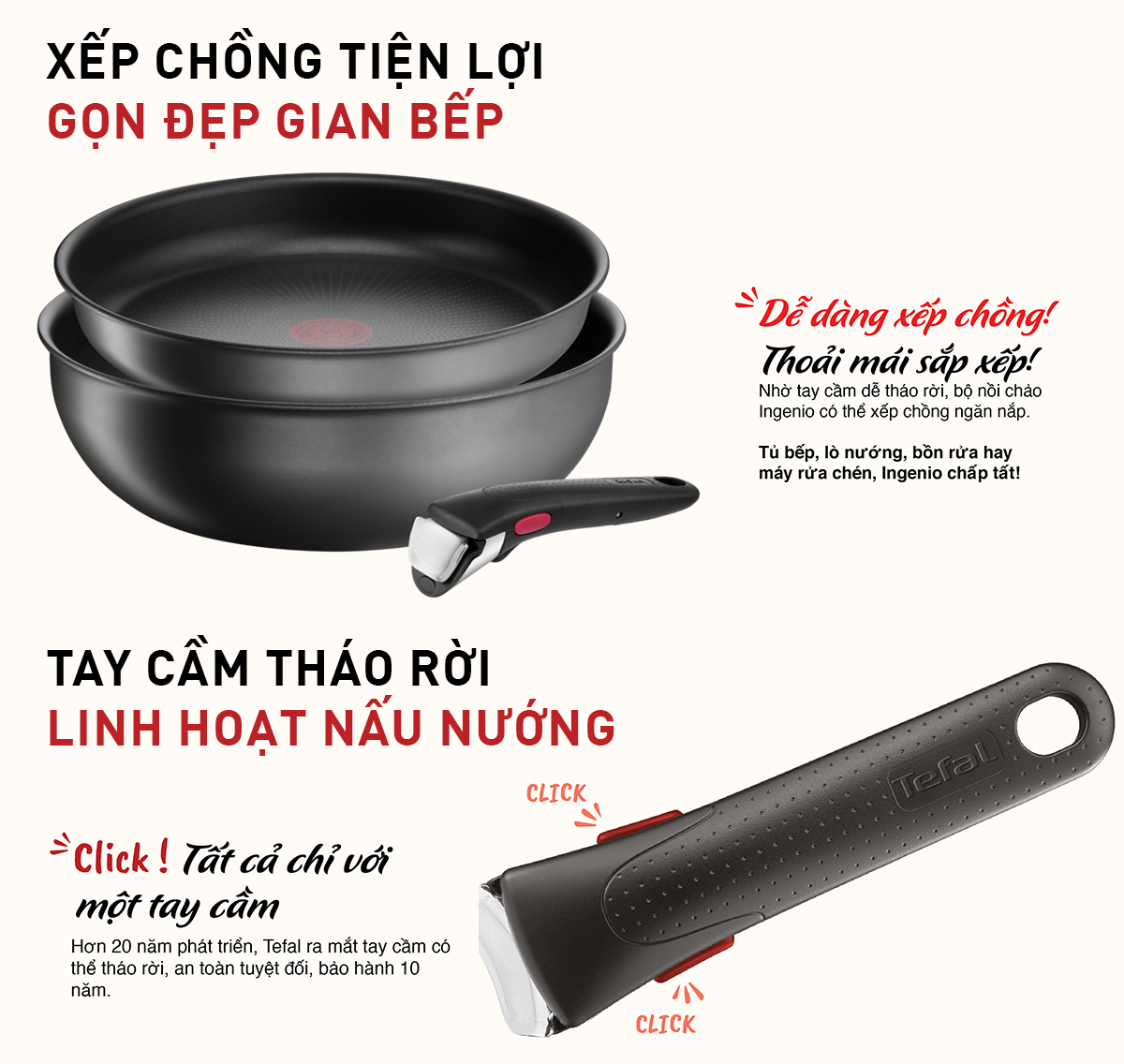 [Made in France] Bộ nồi chảo cán rời 3 món Tefal Ingenio Daily Chef (chảo sâu 26cm, chảo chiên 24cm, cán cầm rời) - Hàng chính hãng