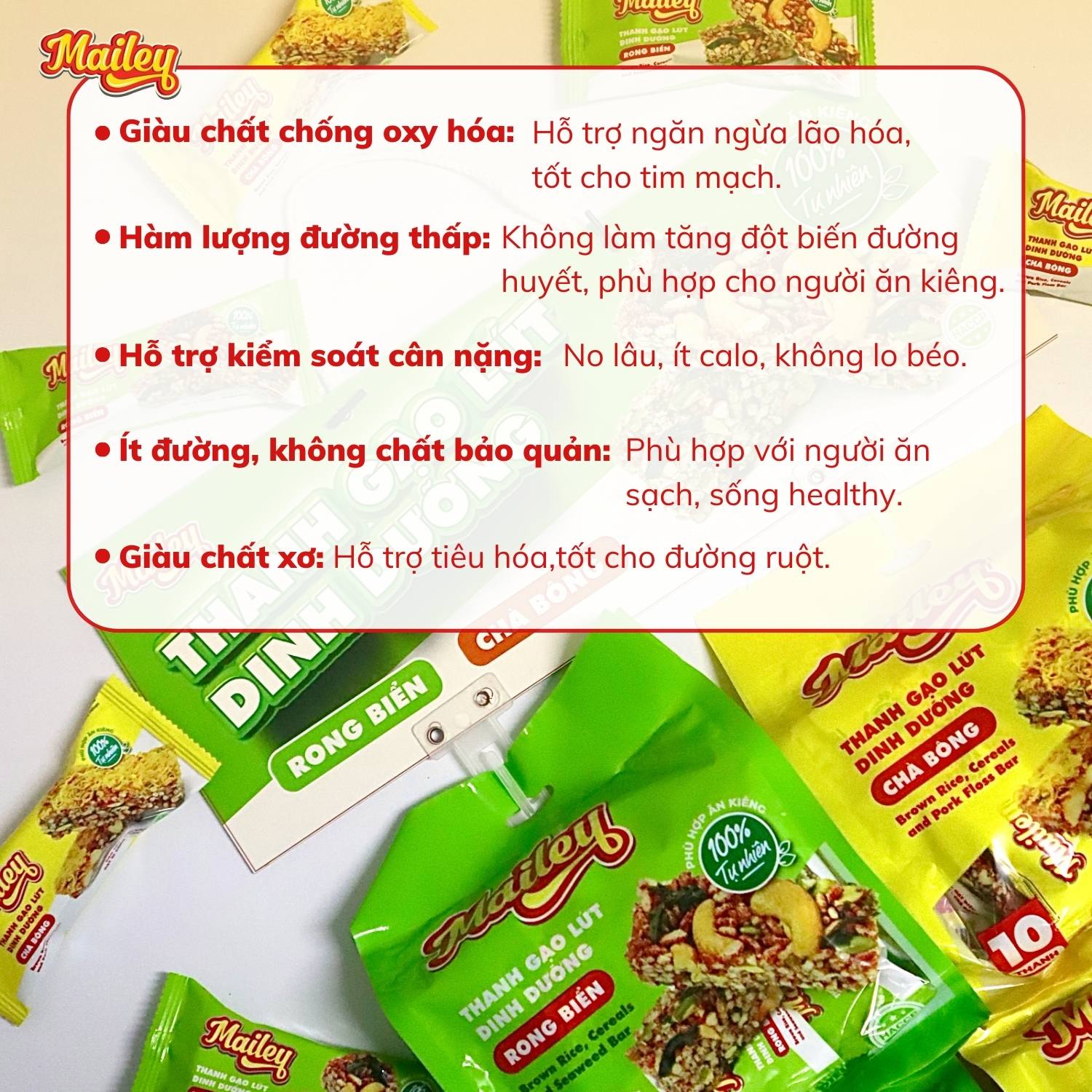 Thanh gạo lứt chà bông/rong biển mix hạt Mailey Túi 100g - Bánh gạo lứt ăn kiêng hỗ trợ giảm cân