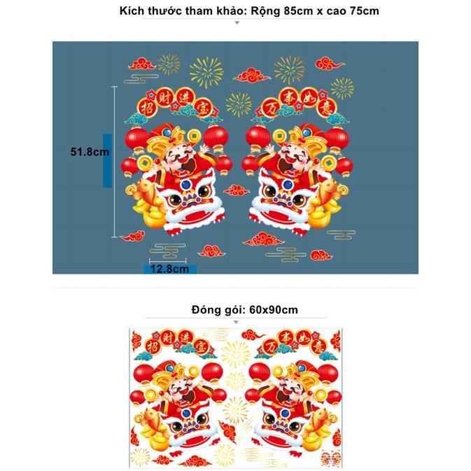 Decal dán tường trang trí tết - HAI ÔNG THÂN TÀI MÚA LÂN VUI NHỘN BÊN THỎI VÀNG