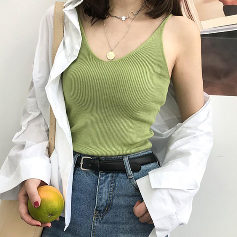 Áo Tank Top Dệt Kim Cổ Chữ U Phong Cách Retro