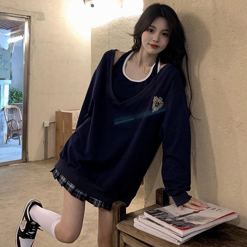 Áo Ulzzang Form Rộng, Áo Trễ Vai, 2 Món - Áo Cổ Chữ V Kèm Croptop Chất Nỉ Da Cá Phong Cách Hàn Quốc