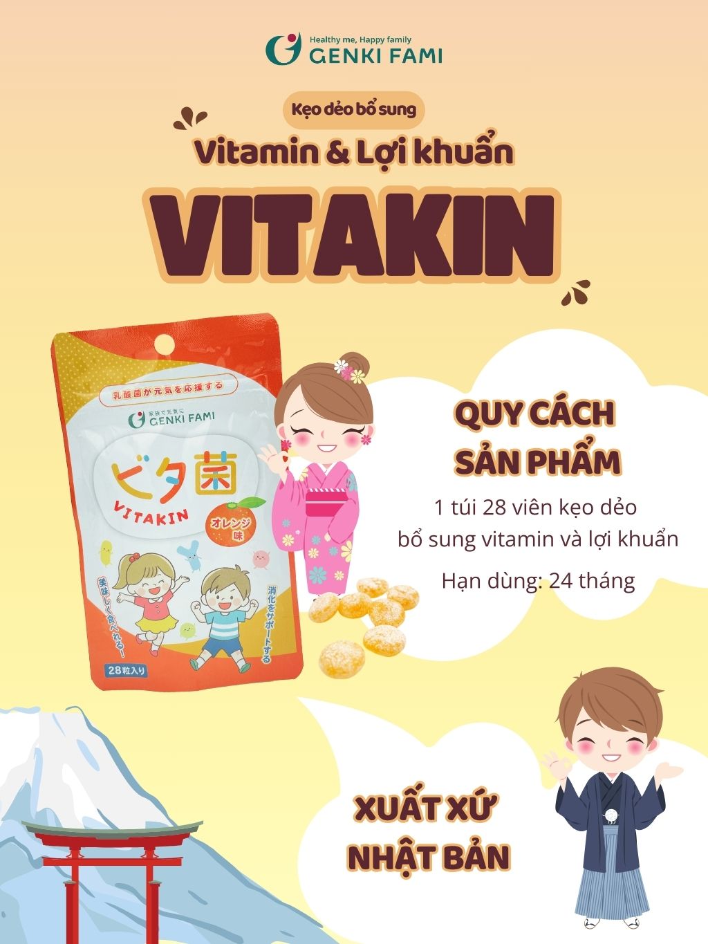 Kẹo Dẻo Vị Cam Bổ Sung Vitamin và Lợi Khuẩn Genki Fami Nhật Bản Gói 28 Cái