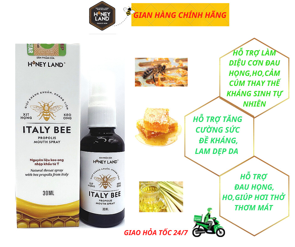 Keo Ong Xịt Họng ITALYBEE HONEYLAND 30ml kháng khuẩn,nhiệt miệng