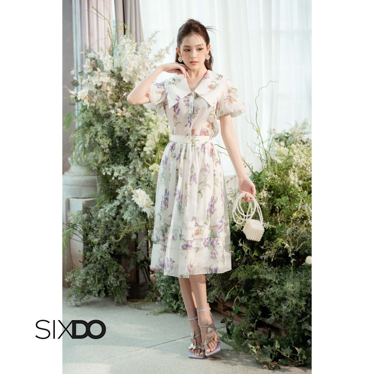 Chân váy midi phối hoa lavender ngọt ngào SIXDO