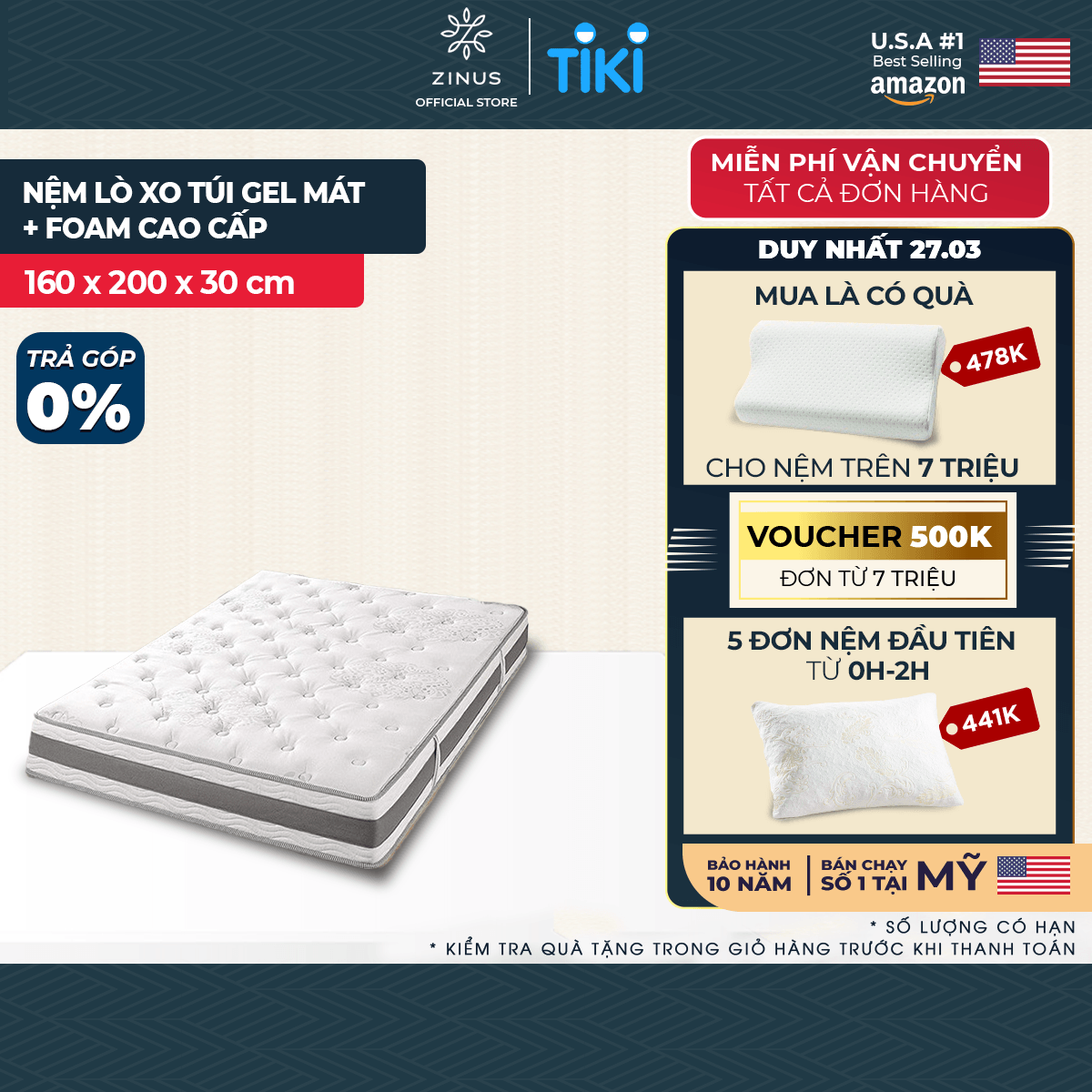 Nệm lò xo túi hút chân không cao cấp Gel mát Zinus - Gel-Infused Memory Foam Hybrid Spring Mattress 30cm