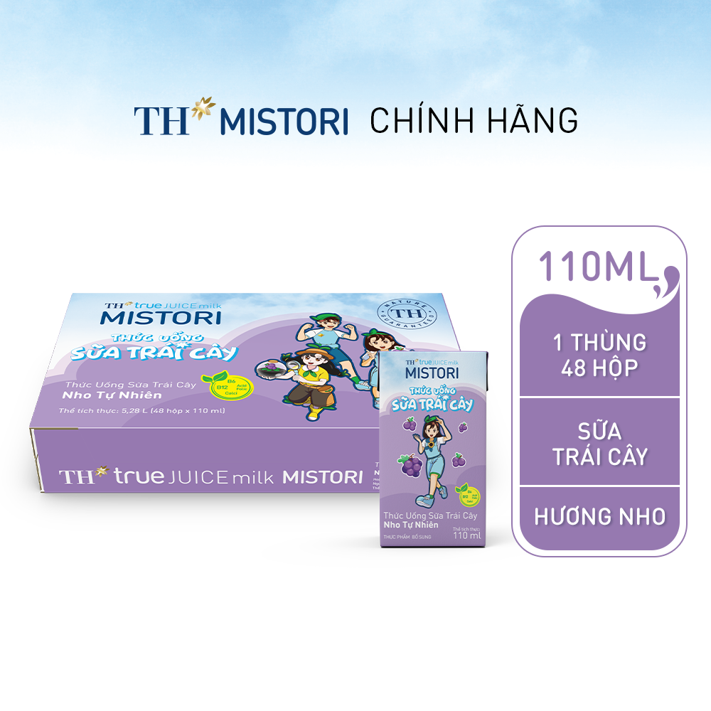 Thùng 48 hộp thức uống Sữa trái cây Nho tự nhiên TH true JUICE milk MISTORI 110ml x48 hộp