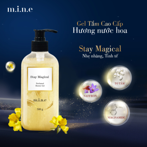 Gel tắm sáng da nhũ vàng hương nước hoa Mine – Stay Magical (Shower gel skin brightening emulsion yellow incense perfume mine)