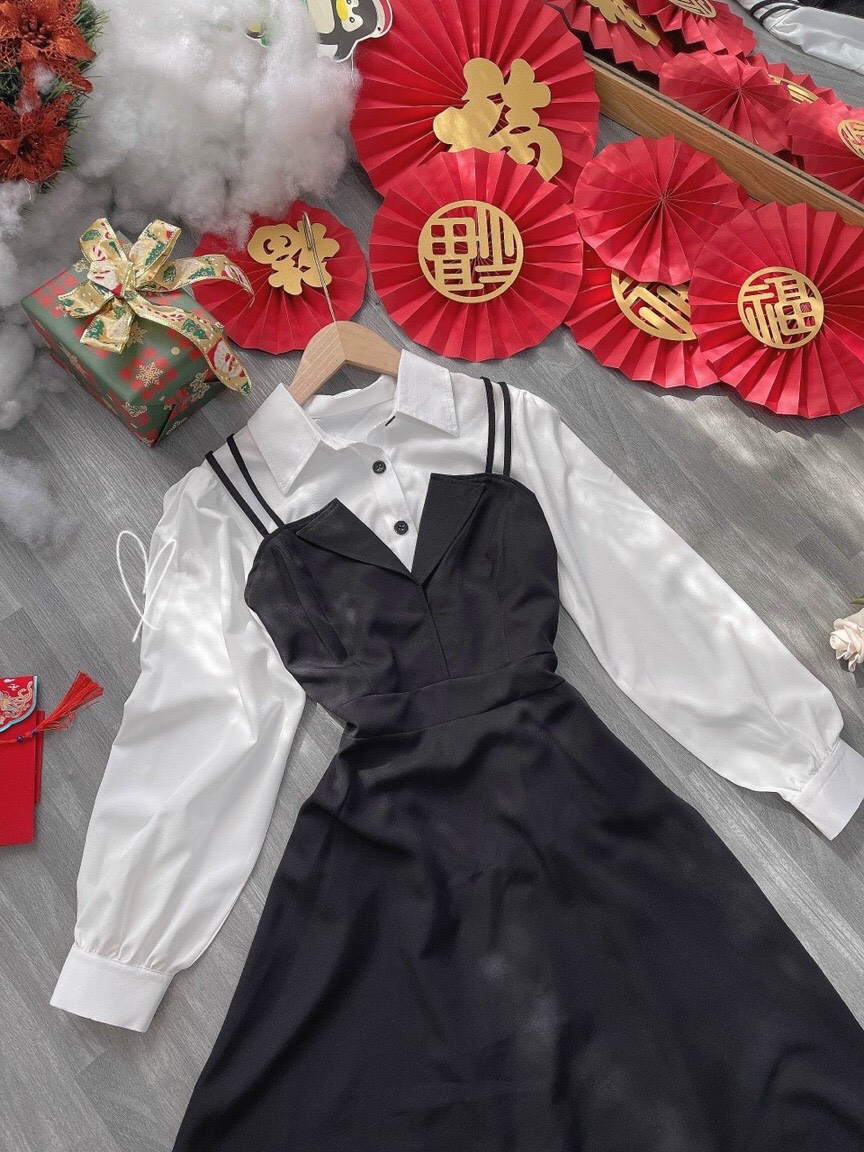 SET ĐẦM DÀI DÂY SUÔNG TRƠN + ÁO SƠ MI TRẮNG DẠO PHỐ DỰ TIỆC GIÁNG SINH NOEL