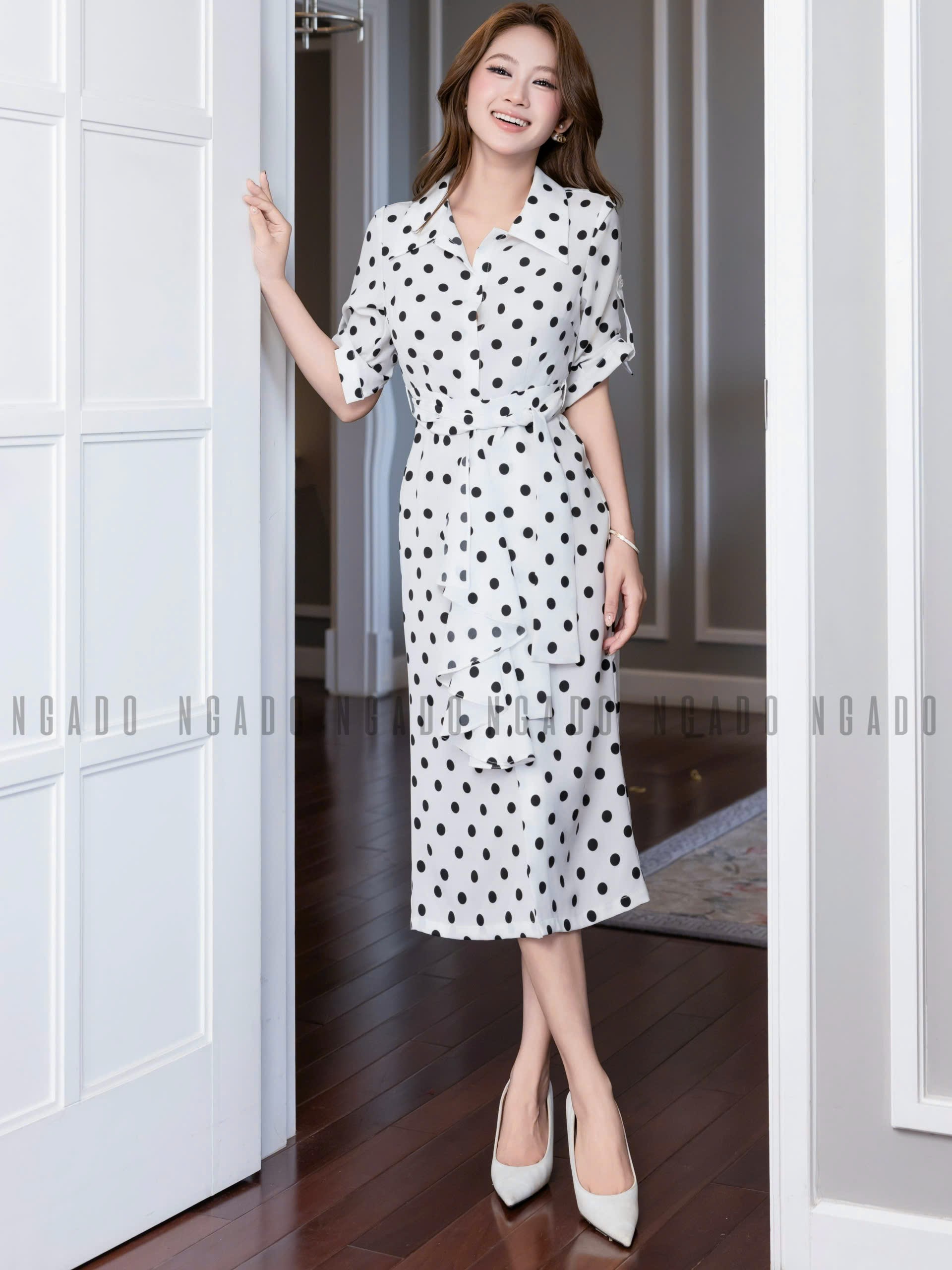 Đầm sơ mi chấm bi tay lửng NGADO , đầm sơ mi , đầm chấm bi , đầm kiểu