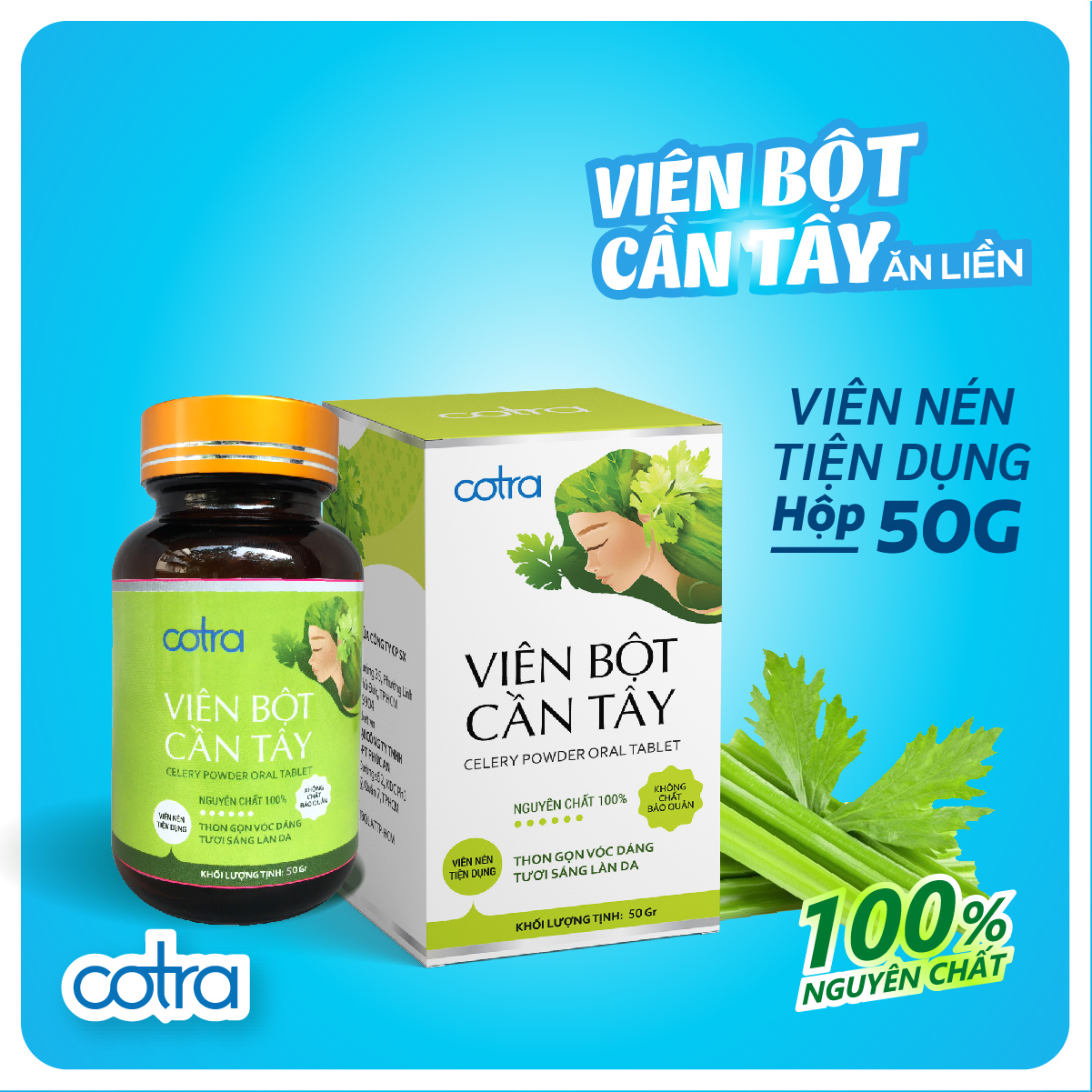 Bột cần tây nguyên chất sấy lạnh (Dạng viên nén) COTRA (Hủ 50g) giúp giảm cân, detox cơ thể, làm đẹp da, giàu chất xơ, giảm cao huyết áp