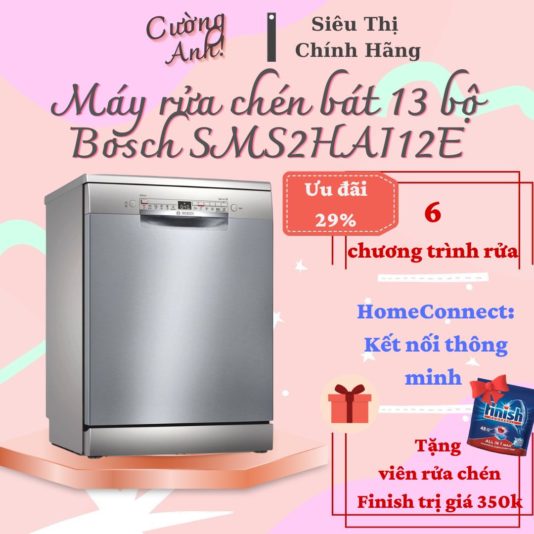 Máy rửa chén bát độc lập Bosch SMS2HAI12E (Series 2) - 13 bộ chén đĩa - 6 chương trình rửa - Hàng Chính Hãng