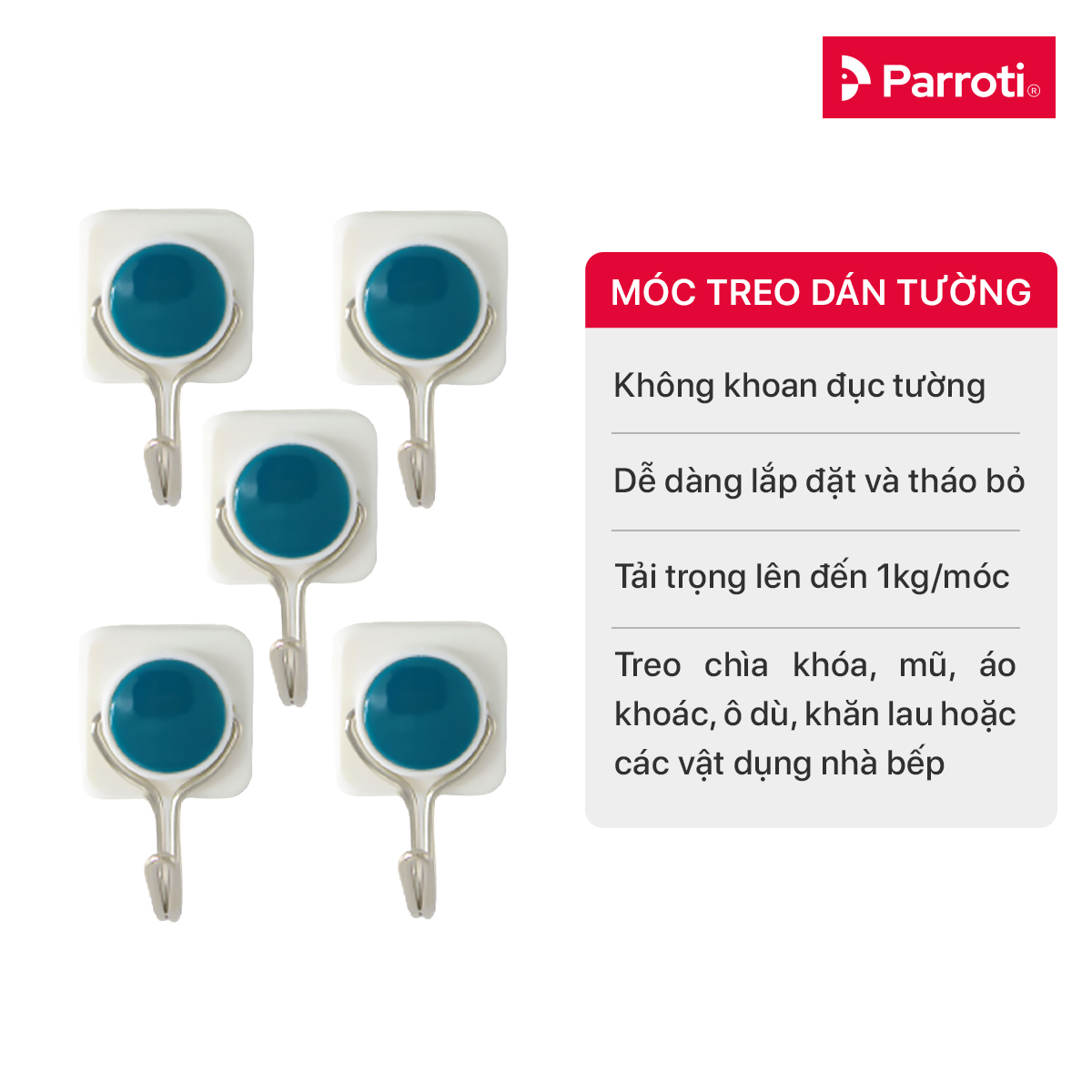 Bộ 5 Móc Treo Dán Tường Đa Năng, Móc Treo Đồ Dán Tường - Parroti Handy HD05