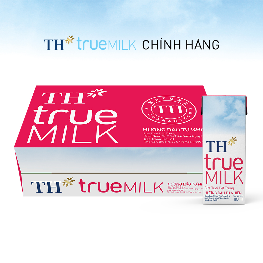 Thùng 48 hộp sữa tươi tiệt trùng hương dâu TH True Milk 180ml (180ml x 48)