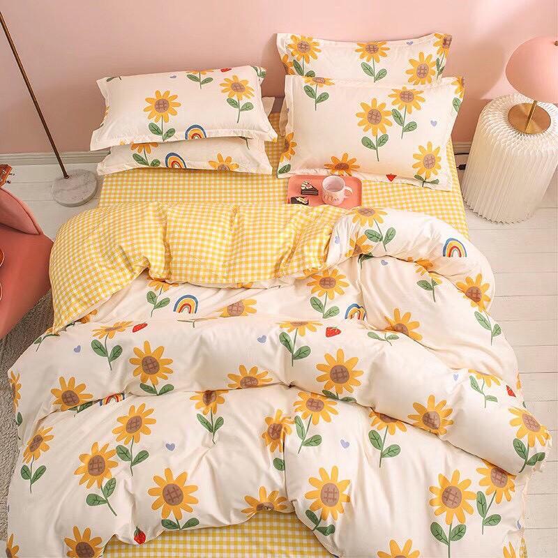 Bộ chăn ga Cotton Poly hoa vàng phối caro mẫu mới - Hàng nhập khẩu