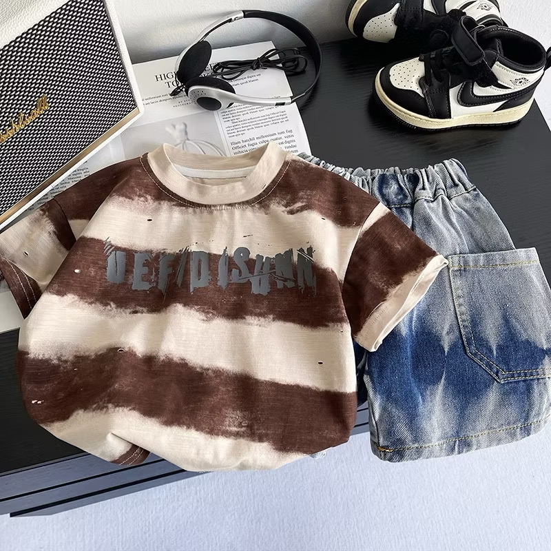 Set Áo Thun Tay Ngắn Sọc In Chữ Quần Đùi Denim 1-5 Tuổi Dành Cho Bé Trai