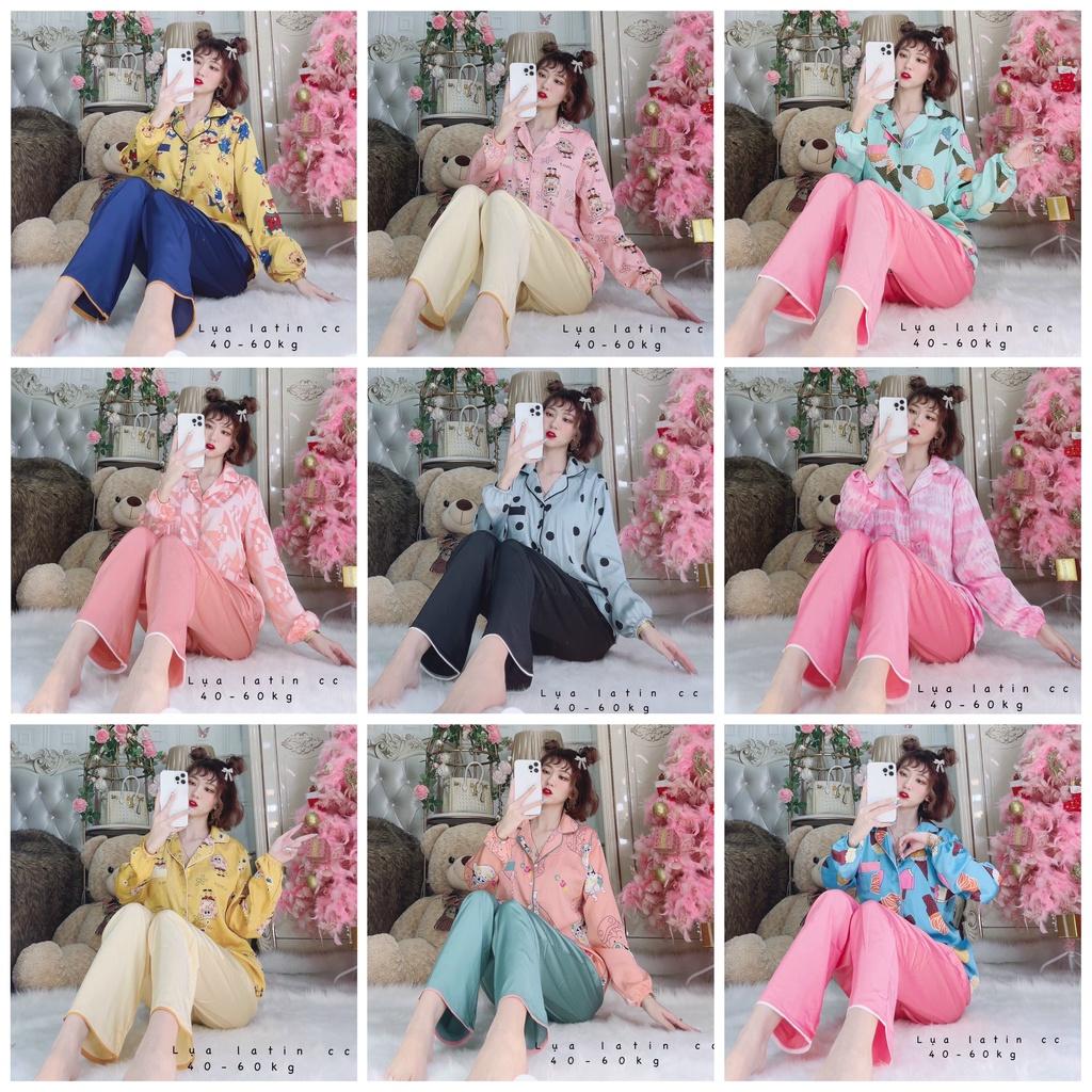 Đồ ngủ mặc nhà Pijama tiểu thư, chất lụa latin cao cấp mềm mịn mát - Freesize dưới 60 kg, tay dài quần dài